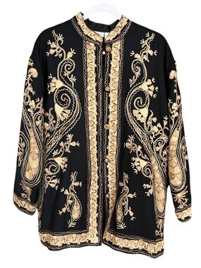 Soft Surroundings Black & Tan Wool Embroidered Appliqué Mandarin Jacket SZ XL
